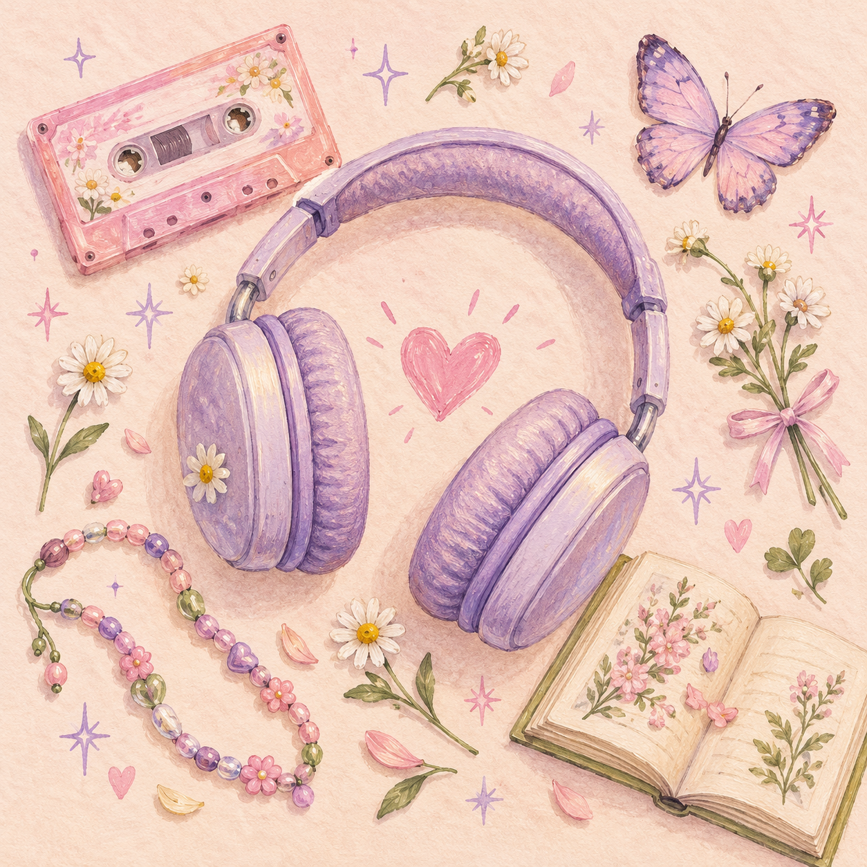 A handmade collage of lilac headphones, a pink heart, books, and little scrapbook treasures